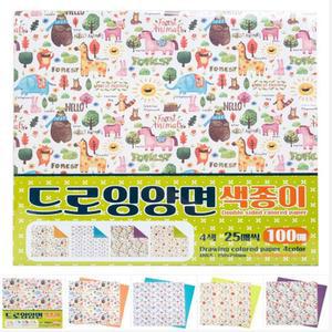 드로잉 양면 색종이 종이접기 4색 25x25cm-100매/종이/화지/케이스/미니/무늬/홀로그램/금색/전통/모빌