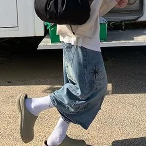 야무치 남자 데일리룩 청반바지 빈티지 그래피티 오버사이즈 팬츠 7부 데님 스트리트 여름 루즈핏 캐주얼