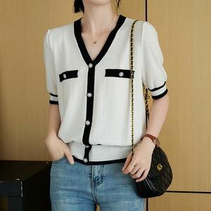 라인배색 큐빅 진주 반팔 니트_PM2505KN604B