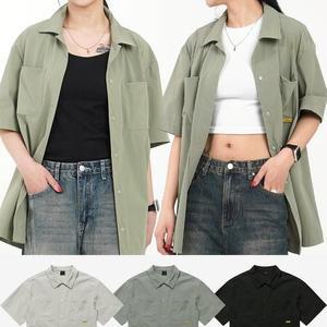 여성 오버핏 우븐 버튼 반팔 셔츠 여름 빅사이즈 남방