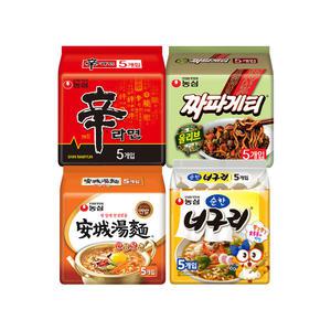 농심 신라면, 120g, 5개 + 짜파게티, 140g, 5개 + 안성탕면, 125g, 5개 + 순한너구리, 120g, 5개