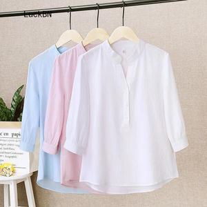 블라우스 여성 쉬폰 셔츠 95% 코튼 스탠드업 칼라 버튼 3/4 소매 상의 루즈한 프로페셔널 화이트 블루 여름