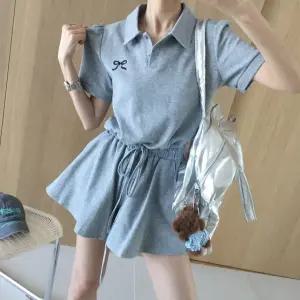 소이 리본자수 퍼프 스트링 카라티셔츠 밴딩 A라인 플레어 반바지 여름 투피스세트 (4color)