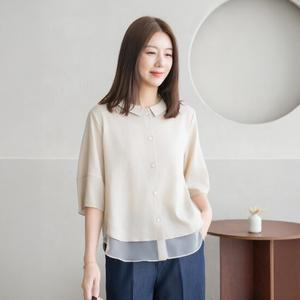 엄마옷 마담4060 텐셀미니 시스루 배색 미니카라 반팔 블라우스-ZBL2507038-