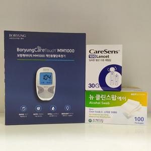 [신세계몰]보령케어터치 MM1000 혈당측정검사지 100매 + 측정기 + 알코올스왑 100매 + 채혈침 란셋 100개