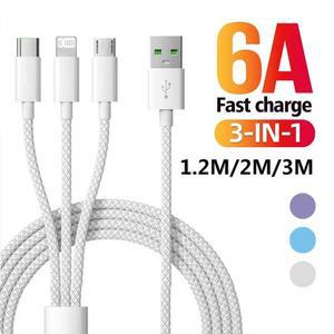 1.2M/2M/3M 66W 3 in 1 고속 충전 케이블 2 USB 유형 C 6A Huawei 샤오미 Samsung 용 데이터