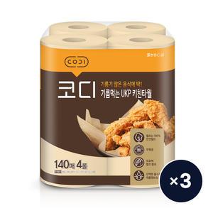 코디 기름먹는 UKP 무표백  키친타올 140매 4롤 3팩