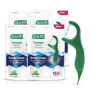 GUM 트위스트 민트 치실 추천 - 트위스트 스레드, 파쇄 저항 치실, 쉬운 그립 핸들, 150 카운트(4팩)