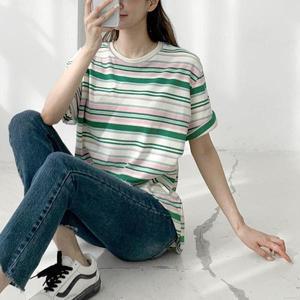 [기타]스트라이프 반팔티 라운드넥 순면 초록색 박스티셔츠
