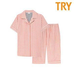 [TRY]트라이 여성 순면 반팔 선염 체크 파자마 여름 반팔 잠옷 세트 TWJSJ15