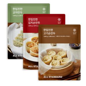 올스탠다드 한입진한 만두 3종 1kg x3팩 (교자1+ 김치손만두1 + 고기손만두1)