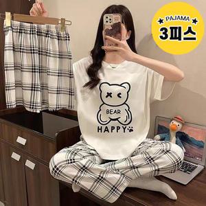 42 3피스 상의+반바지+긴바지 해피 베어 체크 반팔 잠옷세트
