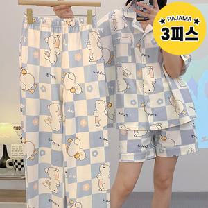45 토끼체크 3피스 상의+반바지+긴바지 파자마 세트