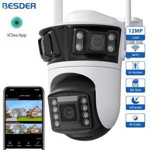 BESDER 12MP PTZ Wifi 카메라 3스크린 180 °   광각 오디오 자동 추적 6MP 보안 IP 카메라 CCTV 감시 iCSe