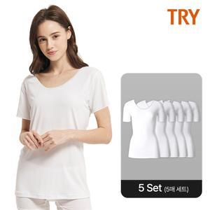 [트라이] 여성 순면 베이직 U넥 반팔 5매