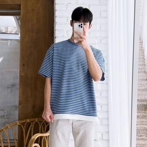 남자 링클프리 스트라이프 레이어드 반팔티 남여공용 티셔츠 5C-TSH-Q014-블랙