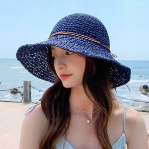 여자 여름 왕골 브라운 블루 라피아햇 리본 썬햇 모자