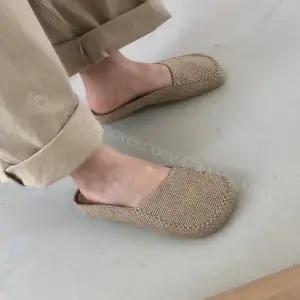 라탄 블로퍼 2cm 린넨 마 스티치 여름 스퀘어 뮬 플랫 슬리퍼 332ps