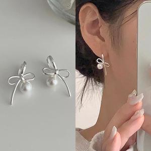 실버 925 라인 리본 원터치 진주 드롭 귀걸이 봄귀걸이