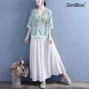 여름 개량한복 GirdBox 면린넨 V넥 자수 저고리 생활한복 철릭원피스