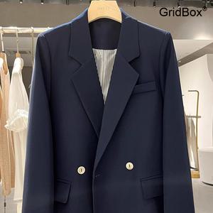 여성 정장 자켓 GirdBox 네이비 트위드 봄 가을 캐주얼 루즈핏 진주버튼 숏 오피스룩