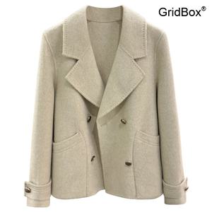 귀여운 GridBox 오트밀 컬러 우아한 여성용 더블 면 울 소재 크롭 재킷 봄 시즌 소프트