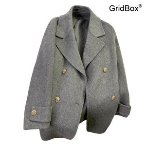 여성용 그레이 울 더블 코트 봄 코트 GirdBox 체크패턴 오버핏 캐주얼 숏자켓   여성실