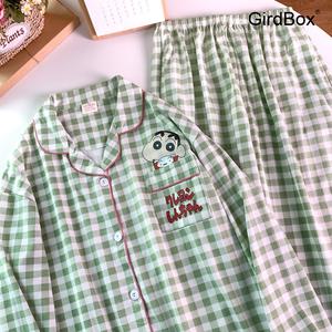 짱구잠옷 여성 순면 체크 GirdBox 긴팔 파자마 홈웨어 세트