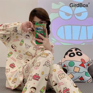 짱구잠옷 여성 긴팔 파자마 GirdBox 봄 가을 홈웨어 원피스잠옷