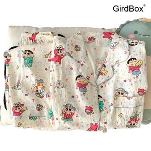 짱구잠옷 여성 GirdBox 긴팔 파자마 세트 면 홈웨어 봄가을