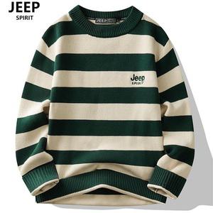 JEEP SPIRIT 남성용 배색 스트라이프 라운드넥 긴팔 니트 티셔츠