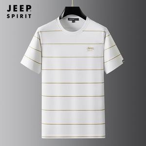 JEEP SPIRIT 남성 여름 라운드넥 스트라이프 반팔티 아이스실크 순면 티셔츠