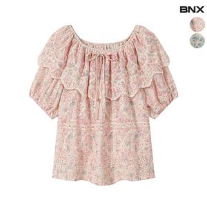 여성 플로럴 펀칭 프릴 리본끈 오프 블라우스
