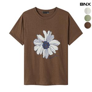 여성 코튼 플라워 프린팅 라운드 반팔 티셔츠