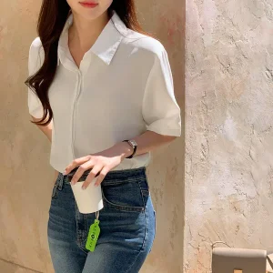 (L/링클프리) 모먼트 히든버튼 셔츠 반팔 블라우스 여름 썸머 bs7026