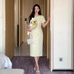 (백화점납품/브랜드공정/격식룩) 모디프 포켓 버튼 트위드 H라인 롱 반팔 원피스 여름