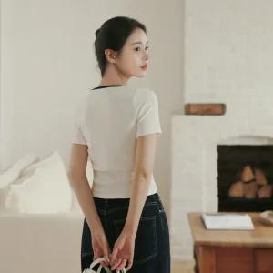 (MADE/쫀쫀핏/질좋은기본템) Petite Note No03 에디트 배색 스퀘어넥 라벨 포인트 반팔