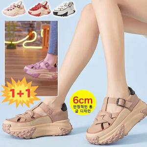 1/1+1 여성 패션 통굽 리얼가죽 샌들 5cm 키높이 탄성 통굽 샌들 투조 스트랩 샌들 07