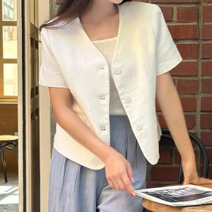 제로넌 린넨 노카라 반팔 자켓 여름 여성 출근룩 데일리룩