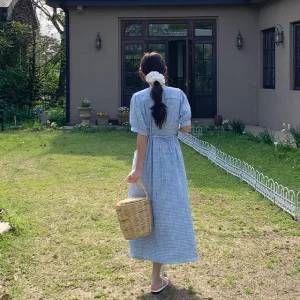 에드넌 체크 포켓 반팔 롱 원피스 여름 여성 데일리룩 데이트룩