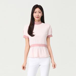 [엘르골프] 여성 우븐믹스 허리 밴딩 목크넥 티셔츠_6I45405