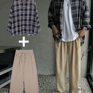머시따 / 시스루 체크셔츠+퓨어린넨와이드SET