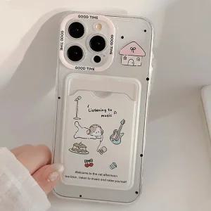 최신 귀여운 아이폰 케이스 음악듣는 고양이 카드수납 / 핸드폰케이스 16 15 14 프로