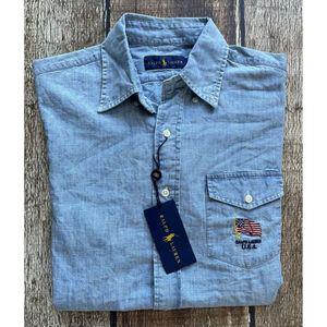 Polo Ralph Lauren 폴로 랄프 로렌 데님 샴브레이 켓 USA 플래그 셔츠 블루 남성용 스몰 신