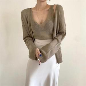 시스루 여름 루즈핏 브이넥 린넨 나시 가디건 세트 룩  10135934)