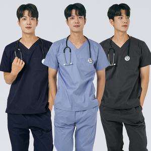 남성 쿨스판 브이넥 스크럽 상의 간호사 의사 병원 수술복 (인디고)