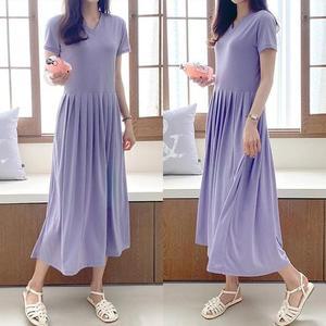 브이넥 반팔 플리츠 롱원피스 주름 플레어 (OPS-958)