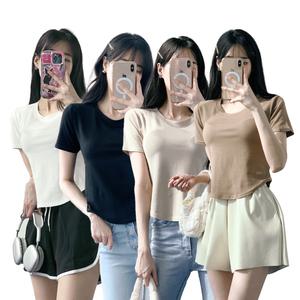 골지라인 무지기본 세미크롭 반팔 티셔츠 라운드넥 밑단 굴림 스타일