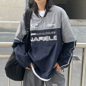스포티한 브이넥 우븐 맨투맨 밑단 스트링 바람마개