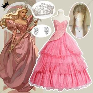 Glinda Wicked 코스프레 영화 의상 XS-3XL 핑크 드레스  스커트 가발 헤일로 귀걸이 정장 롤 플레잉 복장